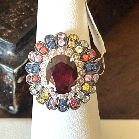 Cocktail Ring Faceted Red Quartz Multi Gemstone Flower Ring Signed FP Sz 6 VTG - Picture 7 of 14